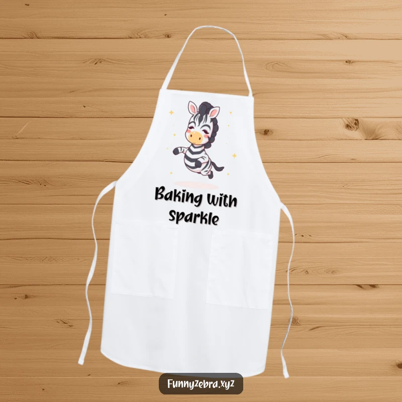 Funny Kawaii Zebra Apron: Protect your clothes with this playful apron featuring a cute zebra hopping with star sprinkles, a funny kitchen essential.