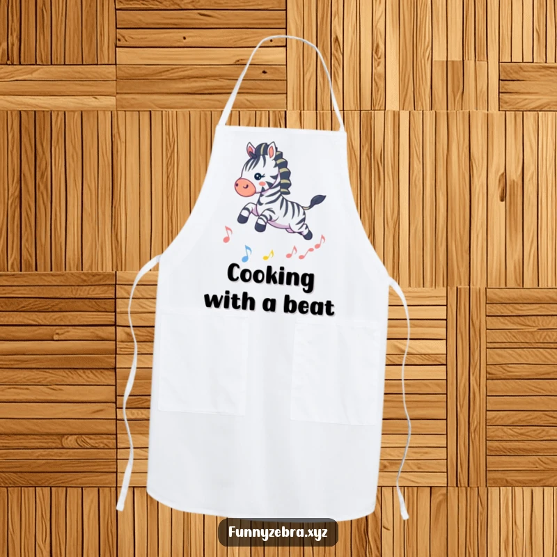 Funny Kawaii Zebra Apron: Protect your clothes with this playful apron featuring a zebra leaping over a musical note, a funny kitchen essential.