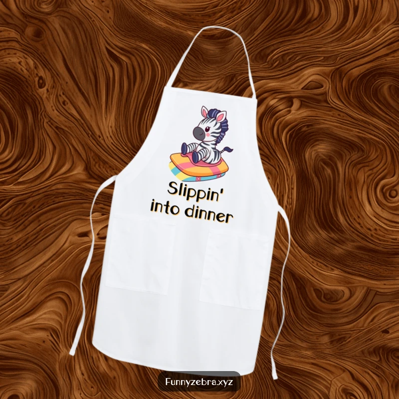 Funny Kawaii Zebra Apron: A cute zebra gleefully slides down a colorful ramp, adding a humorous and practical touch to any kitchen.