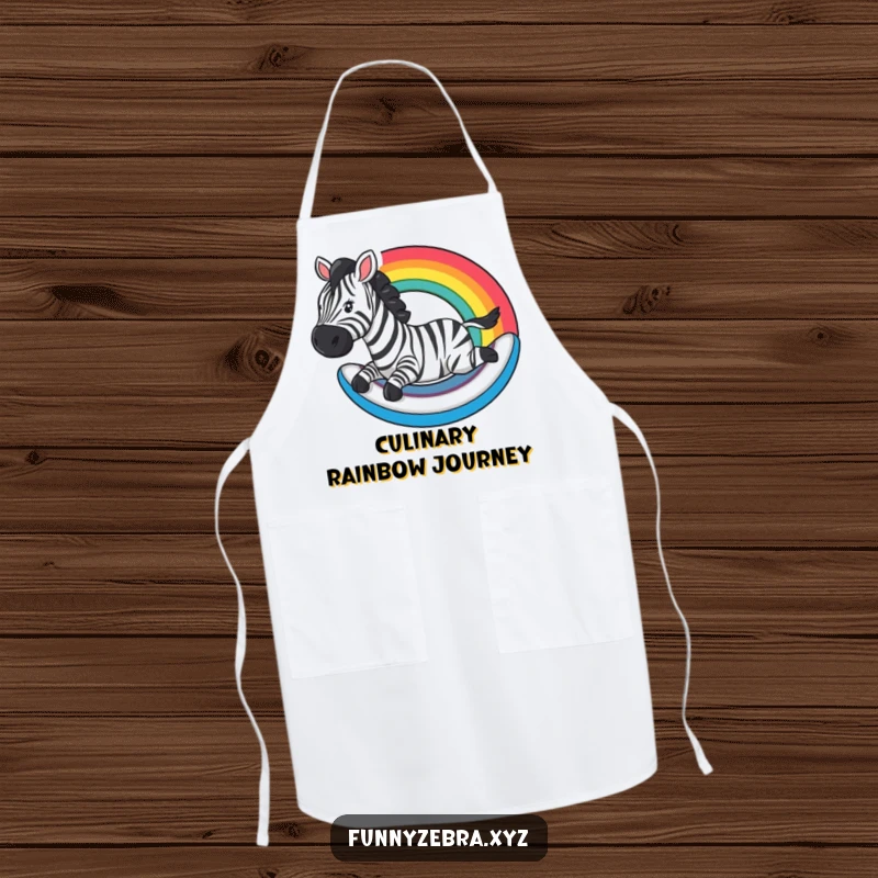 Funny Apron: A zebra slides down a rainbow, bringing funny, colorful energy to kitchen tasks.