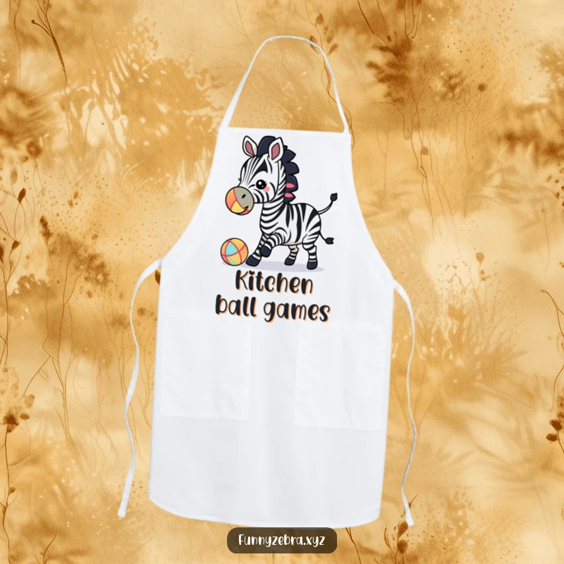 Stylish apron featuring a funny zebra silhouette playfully bouncing a colorful ball with its nose, ideal for kitchen fun.