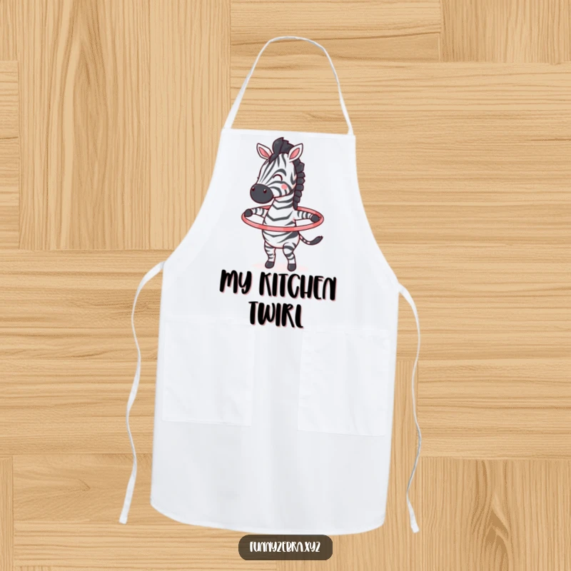 Funny apron with an energetic zebra character joyfully spinning a colorful hula hoop, perfect for active cooking.