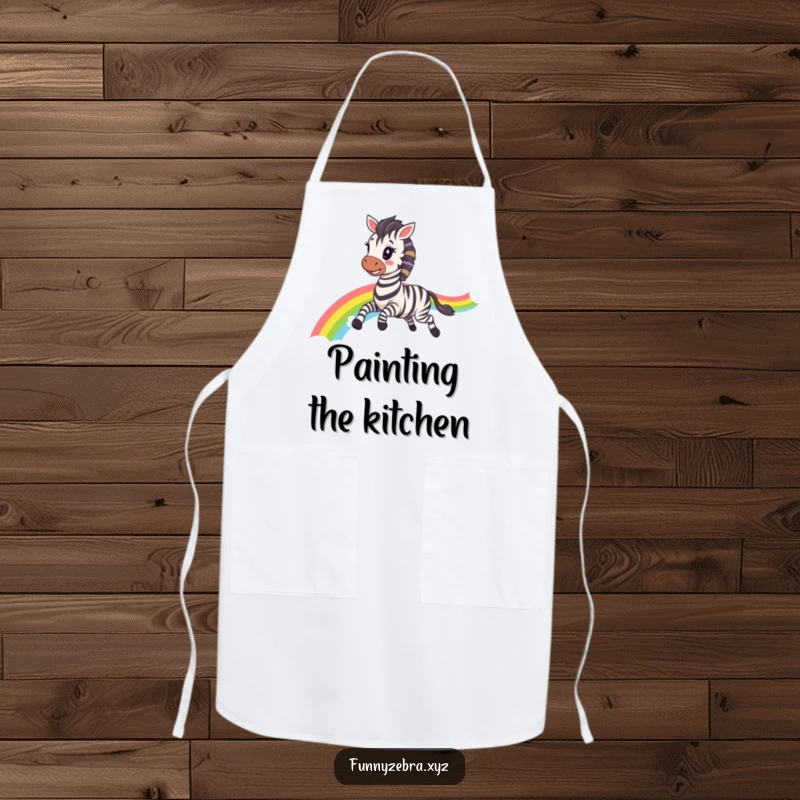 Funny Kawaii Zebra Apron: Protect your clothes with this colorful apron featuring a happy zebra galloping with a rainbow trail, a funny kitchen essential.