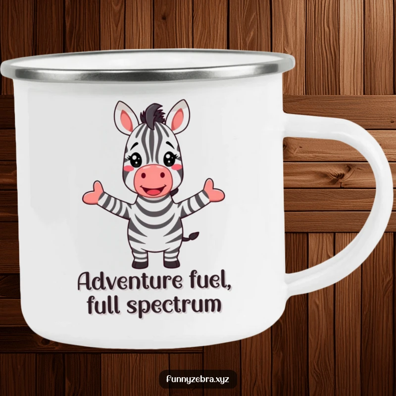 Funny camping mug showing a happy zebra enthusiastically greeting a vibrant rainbow with arms wide open.