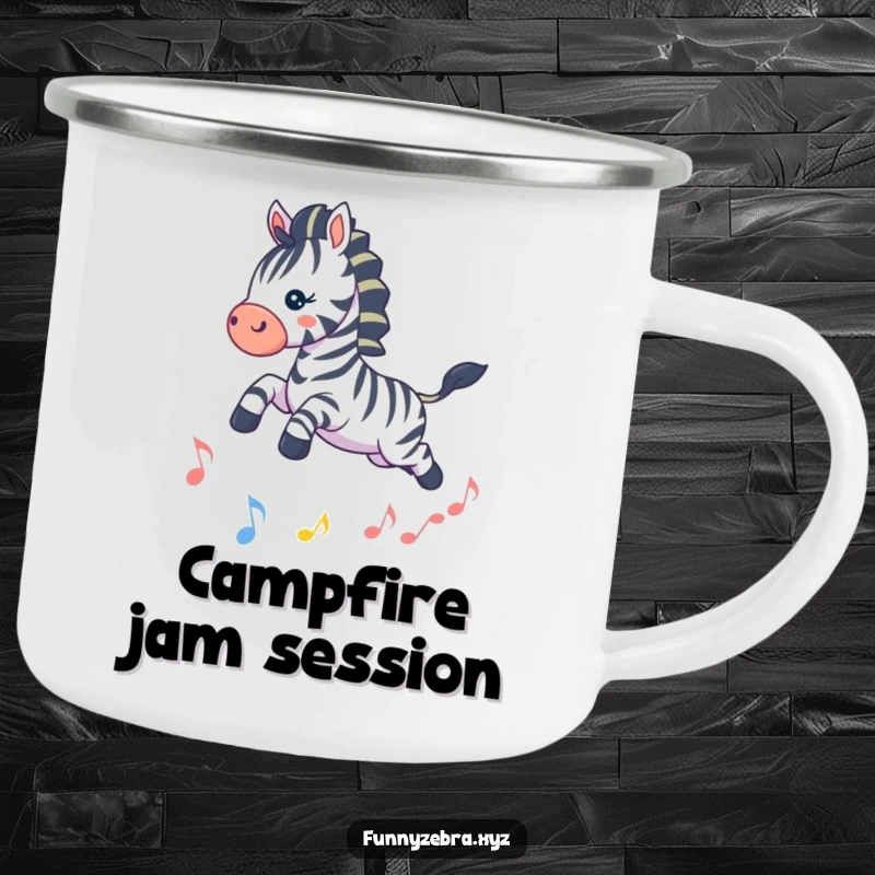 Funny Kawaii Zebra Camping Mug: Sturdy mug featuring a playful zebra leaping over a musical note, perfect for outdoor adventures with a funny, musical touch.