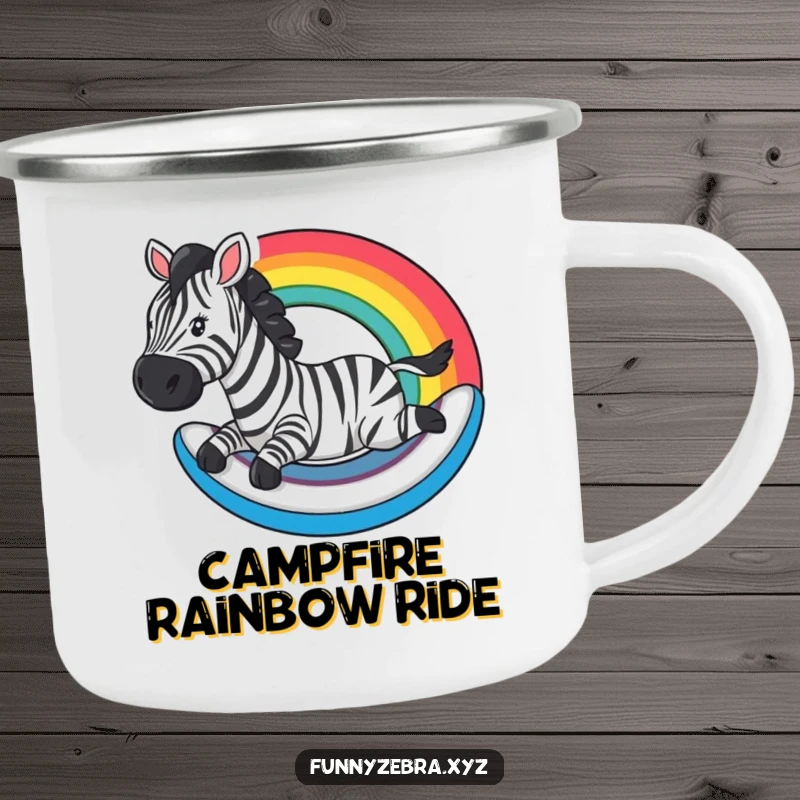 Funny Camping Mug: A zebra slides down a rainbow, ideal for humorous outdoor fun and colorful camping adventures.