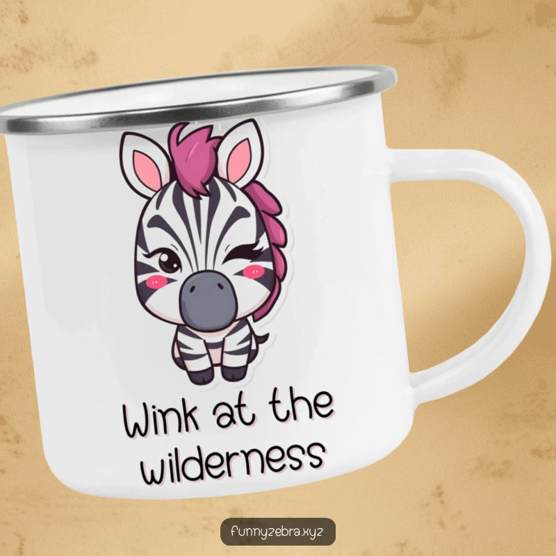 Funny camping mug featuring a stylized zebra shape giving a mischievous, confident wink, perfect for secret adventures.