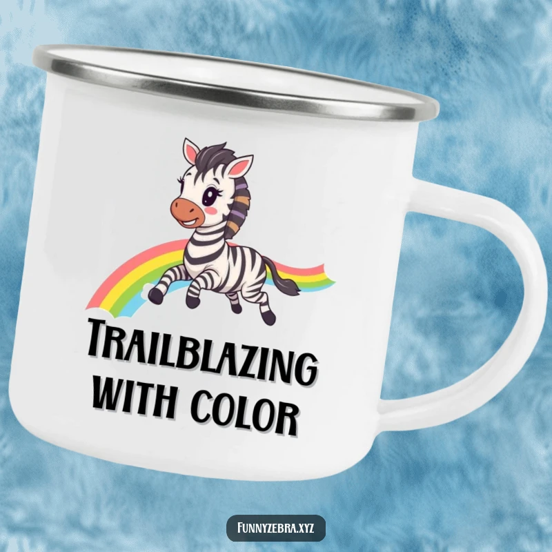 Funny Kawaii Zebra Camping Mug: Sturdy mug featuring a happy zebra galloping with a rainbow trail, perfect for outdoor adventures with a funny, colorful touch.