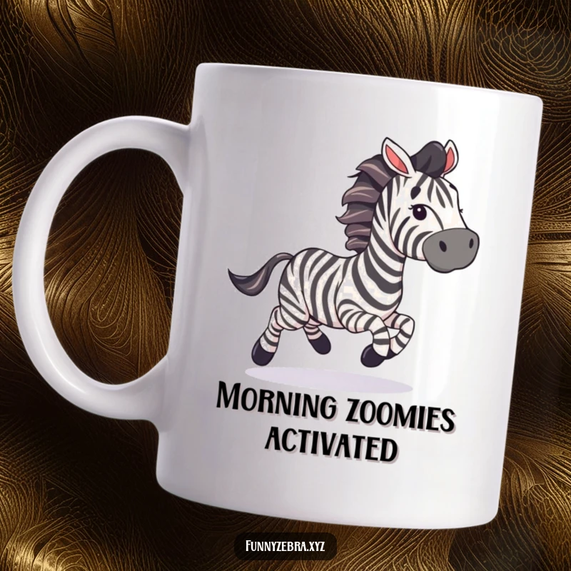 Funny Mug: A zebra gallops joyfully with colorful streamers trailing, embodying playful celebration and free spirit.