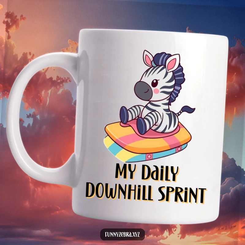 Funny Kawaii Zebra Mug: A cute zebra joyfully slides down a vibrant, smooth ramp, showcasing pure, unadulterated fun and happiness.