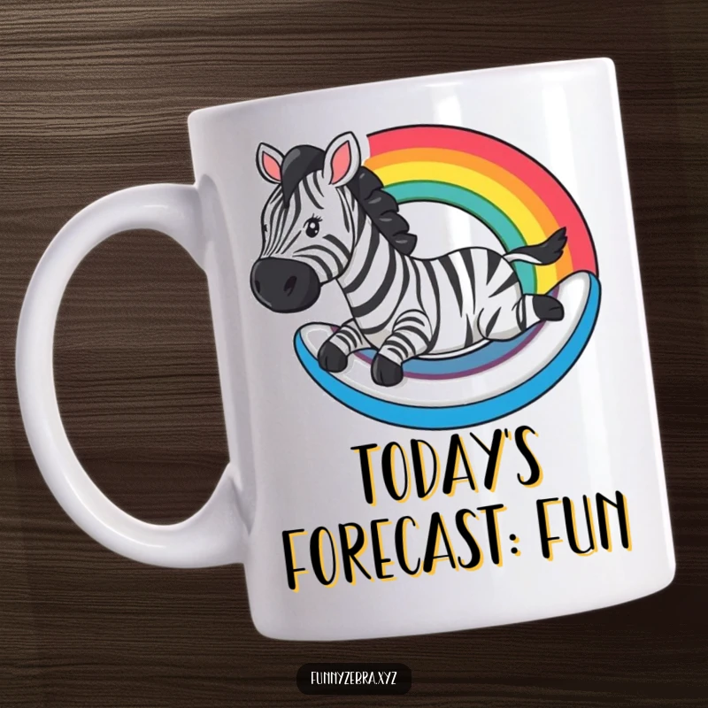 Funny Mug: A zebra slides joyfully down a stylized rainbow, capturing pure, colorful fun and excitement.