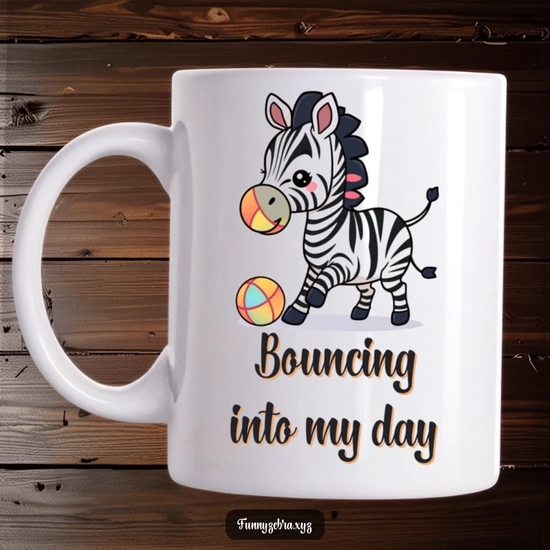 Funny zebra silhouette playfully nudging a colorful ball with its nose on a charming mug.
