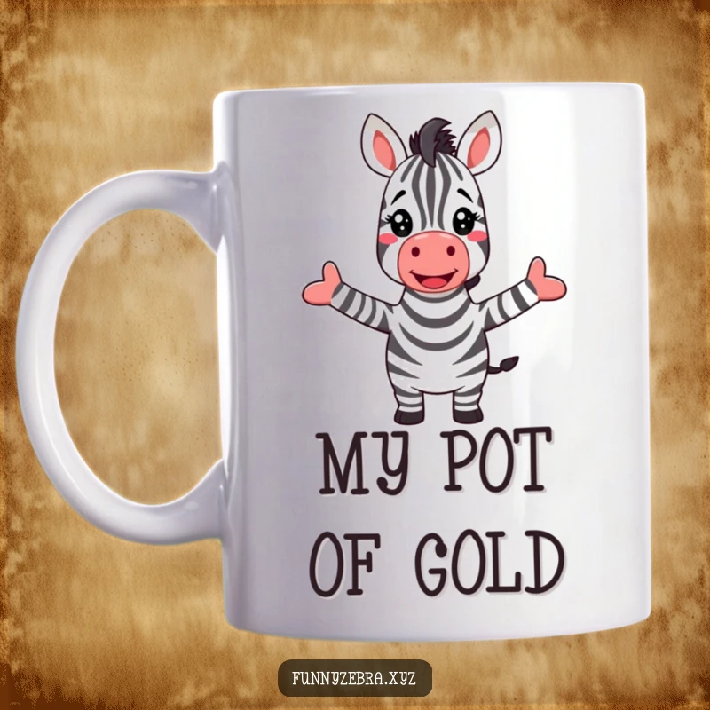 Funny mug with a joyful zebra's arms outstretched, happily greeting a colorful rainbow in a cheerful scene.