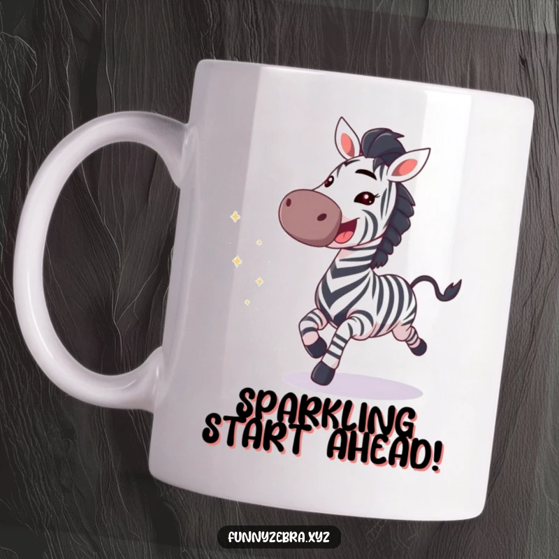 Funny galloping zebra with a huge excited grin, leaving a trail of sparkles on a cheerful mug.