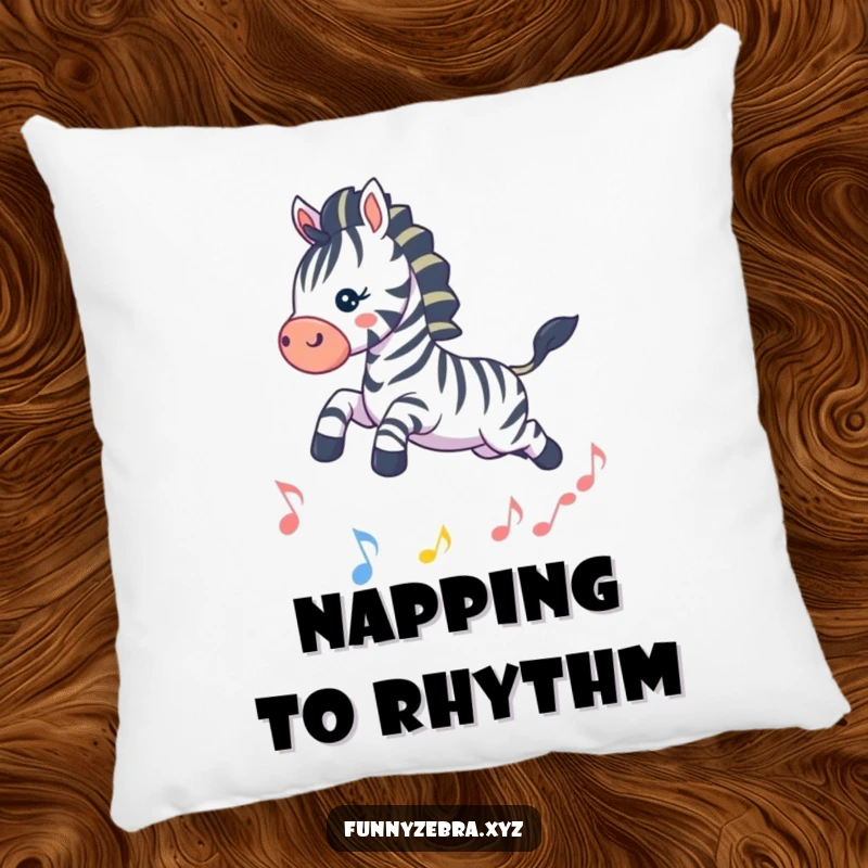 Funny Kawaii Zebra Pillow: Soft cushion featuring a playful zebra leaping over a musical note, ideal for a funny and harmonious atmosphere.