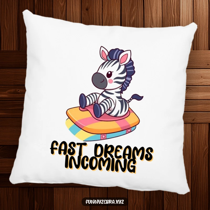 Funny Kawaii Zebra Pillow: A cute zebra gleefully slides down a smooth, colorful ramp, offering soft comfort and a humorous visual.