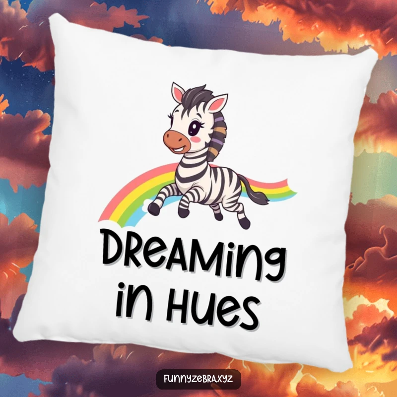 Funny Kawaii Zebra Pillow: Soft cushion featuring a happy zebra galloping with a rainbow trail, ideal for a funny and colorful atmosphere.