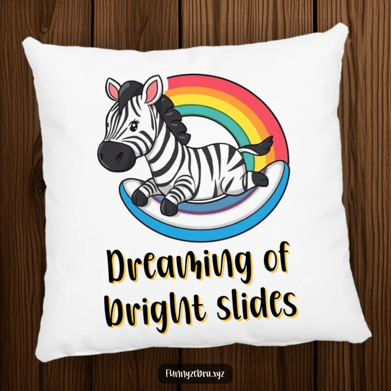 Funny Pillow: A zebra slides down a rainbow, offering soft, humorous comfort and colorful, joyful fun.