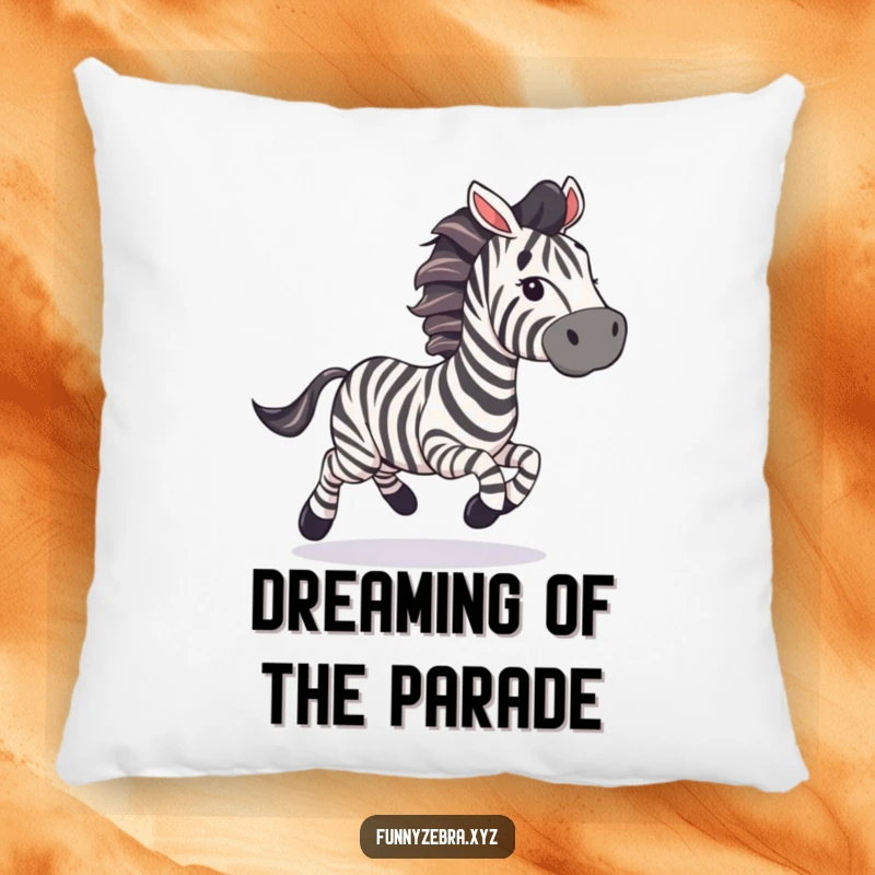 Funny Pillow: A zebra gallops with streamers, offering soft, humorous comfort and a festive party vibe.