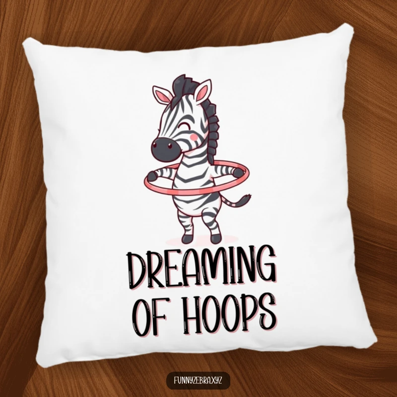Funny pillow showcasing a joyful zebra character energetically hula hooping, perfect for adding playful vibes.