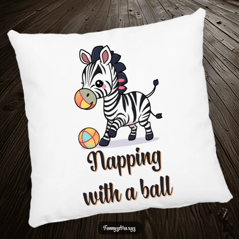 Plush pillow featuring a funny zebra silhouette playfully bouncing a colorful ball with its nose.