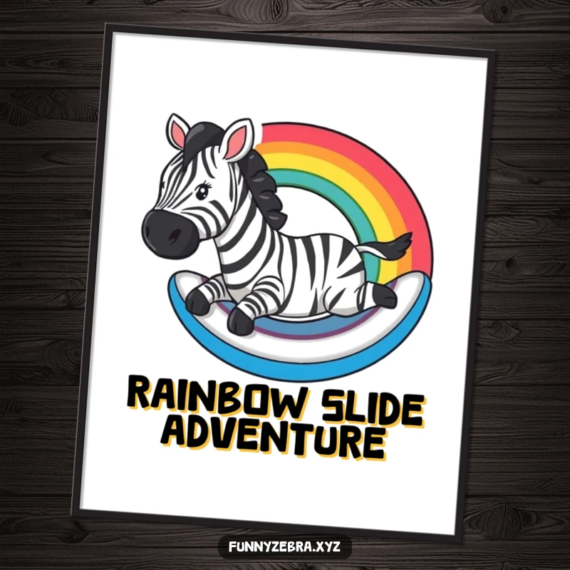 Funny Digital Art Print: A zebra slides down a stylized rainbow, depicting funny, unbridled joy and color.