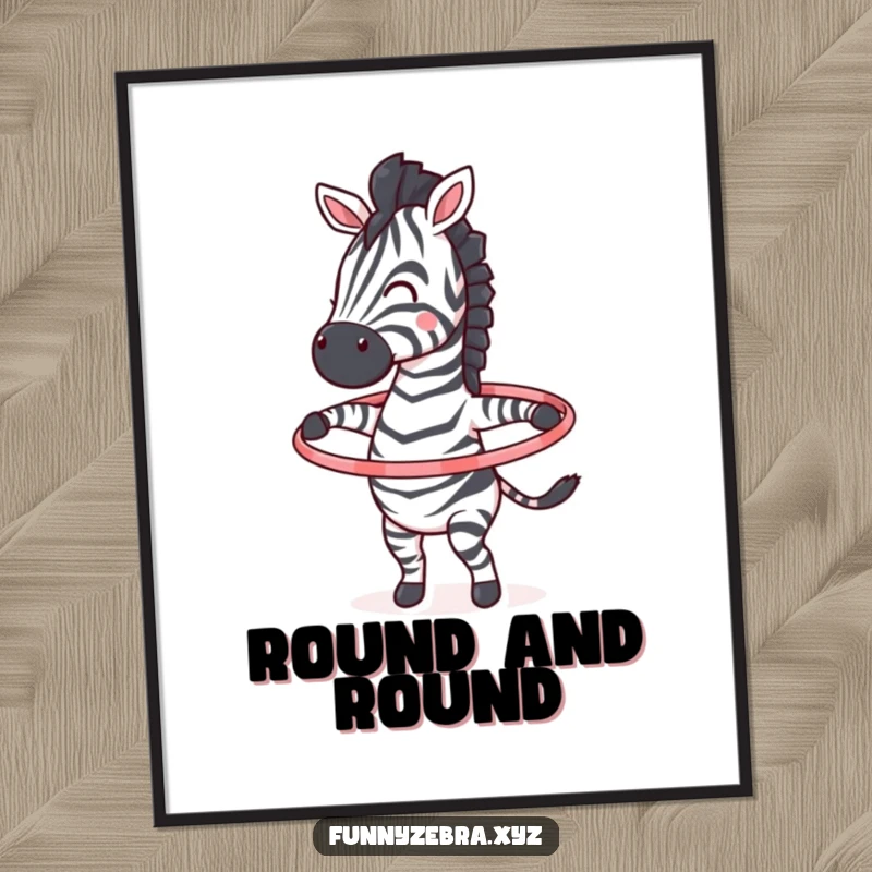 Funny digital art print of a lively zebra character joyfully spinning a colorful hula hoop with great enthusiasm.