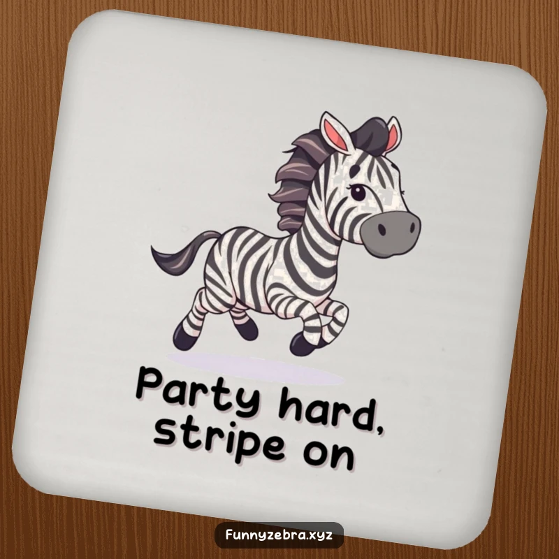 Funny Coaster: A zebra gallops with streamers, offering humorous and festive protection for surfaces.