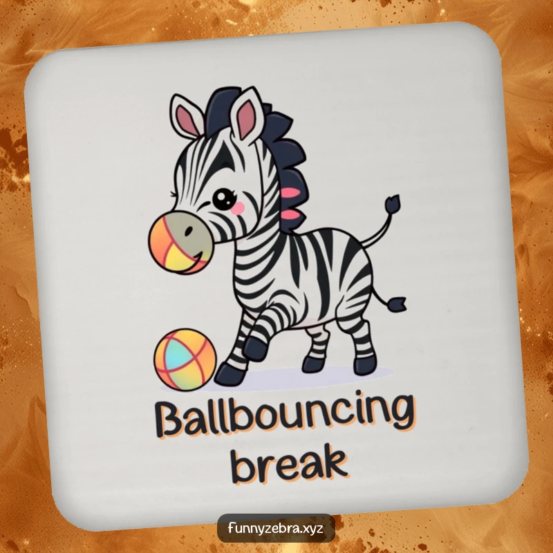 Decorative drink coaster featuring a funny zebra silhouette playfully bouncing a colorful ball with its nose.
