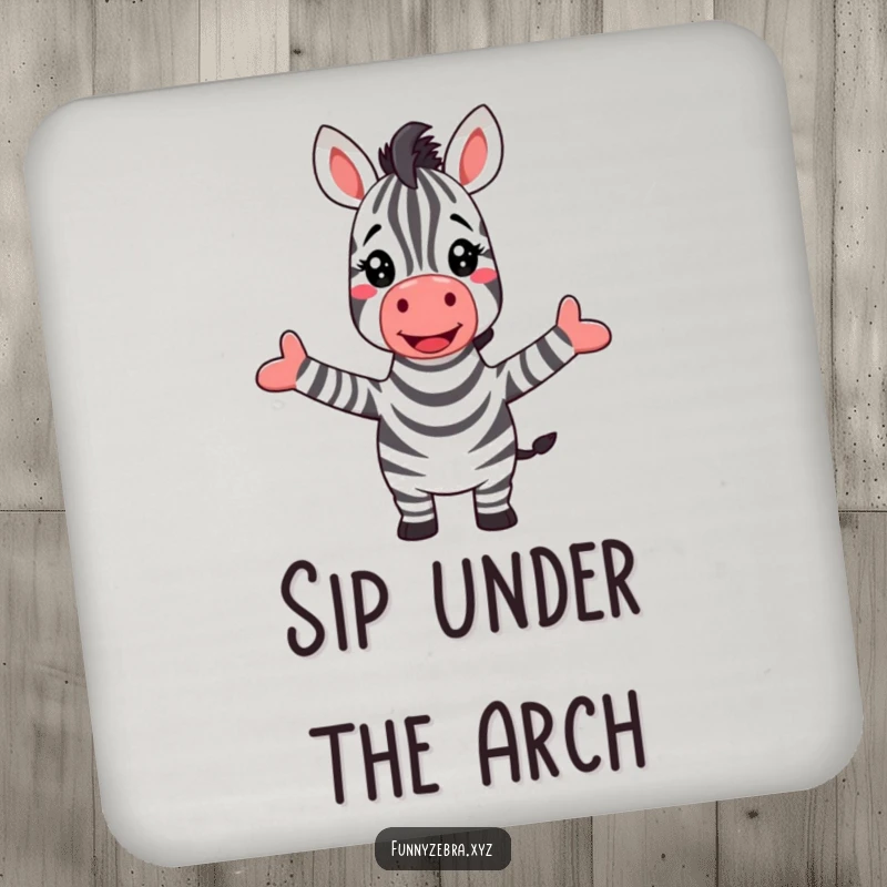 Funny drink coaster with a cheerful zebra character joyfully greeting a spectacular rainbow, arms outstretched.