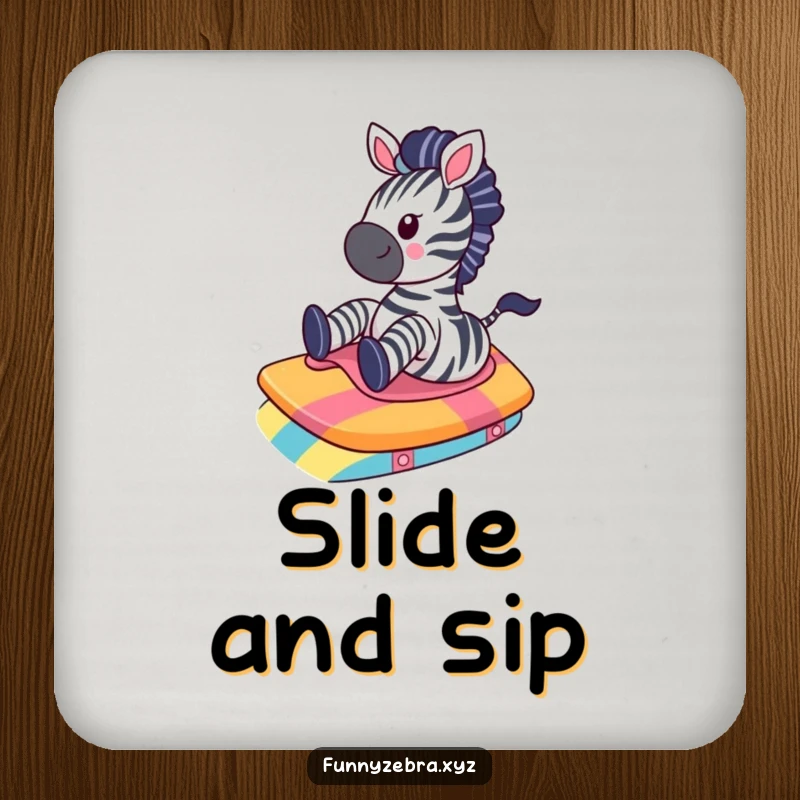 Funny Kawaii Zebra Coaster: A cute zebra gleefully slides down a colorful ramp, offering humorous protection for drink surfaces.