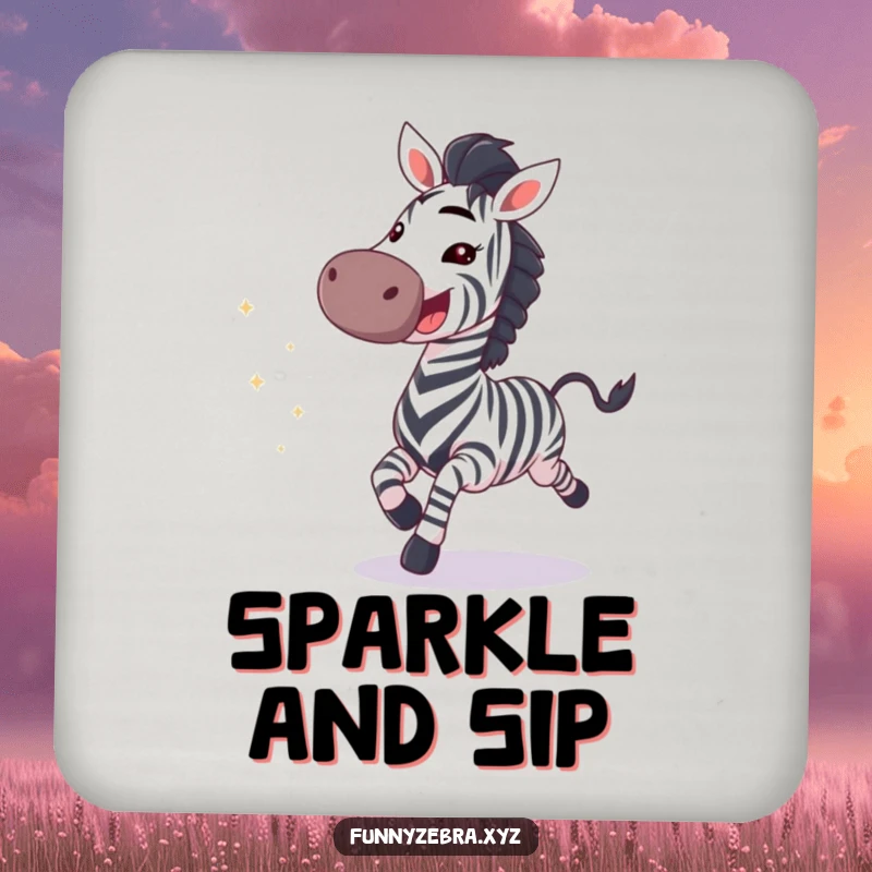 Decorative drink coaster featuring a funny galloping zebra with a wide grin and trailing sparkles, adding humor.
