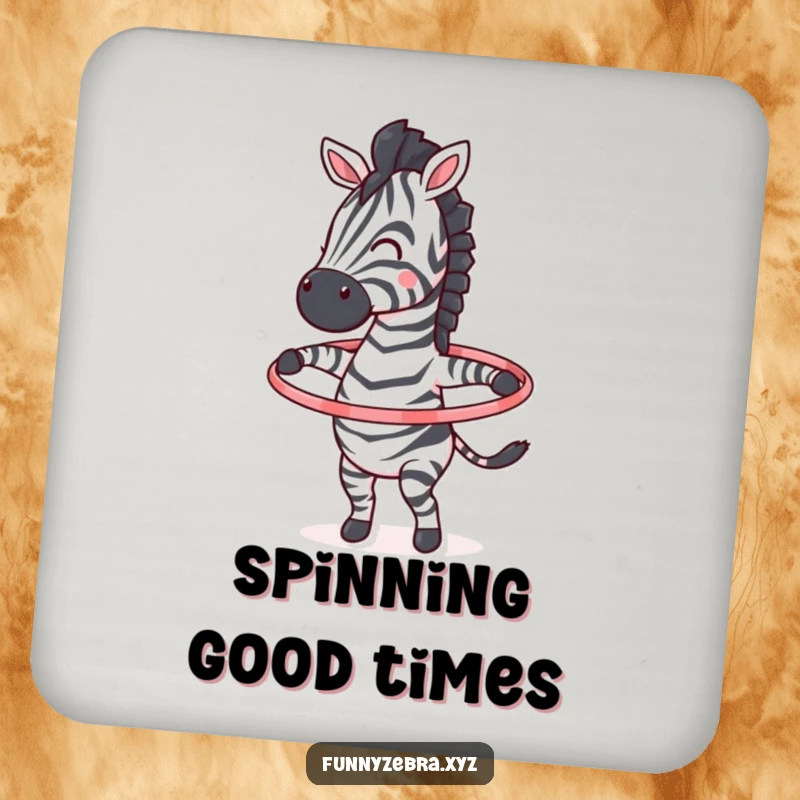 Funny drink coaster with an energetic zebra character joyfully spinning a colorful hula hoop, perfect for playful decor.
