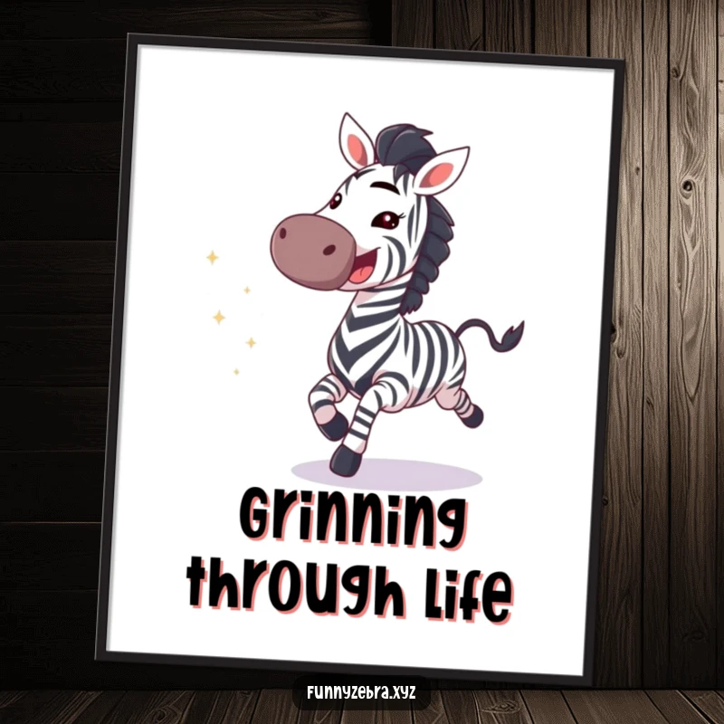 Vibrant poster showcasing a funny galloping zebra with an infectious grin and a dynamic trail of sparkling glitter.