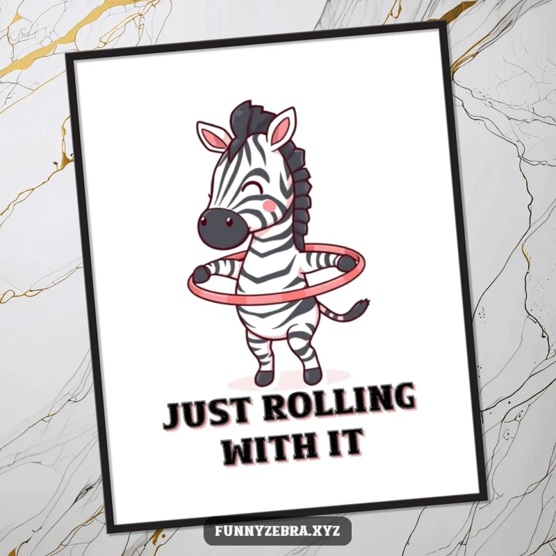 Funny poster illustrating a lively zebra character skillfully twirling a colorful hula hoop with great enthusiasm.