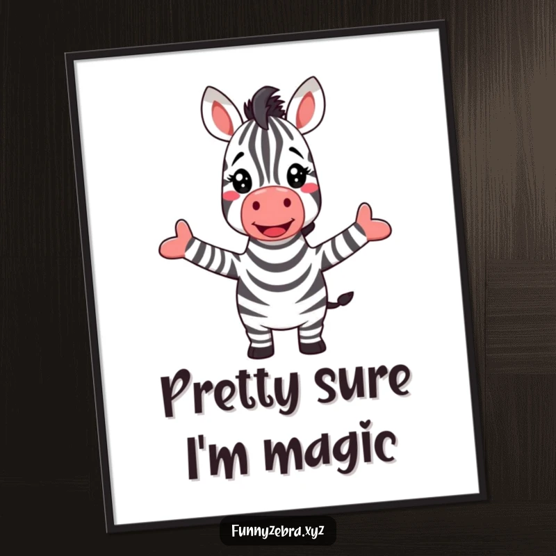 Funny poster depicting a jubilant zebra with open arms extending towards a magnificent, colorful rainbow.
