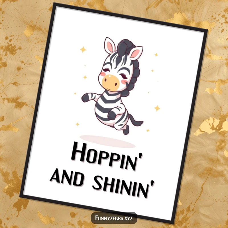 Funny Kawaii Zebra Poster: High-quality print of a cute zebra joyfully hopping with sparkling star sprinkles, adding funny, magical charm to any room.