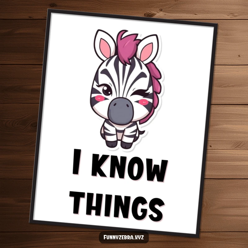 Funny poster illustrating a stylized zebra shape delivering a confident, mischievous wink with a sly, knowing expression.