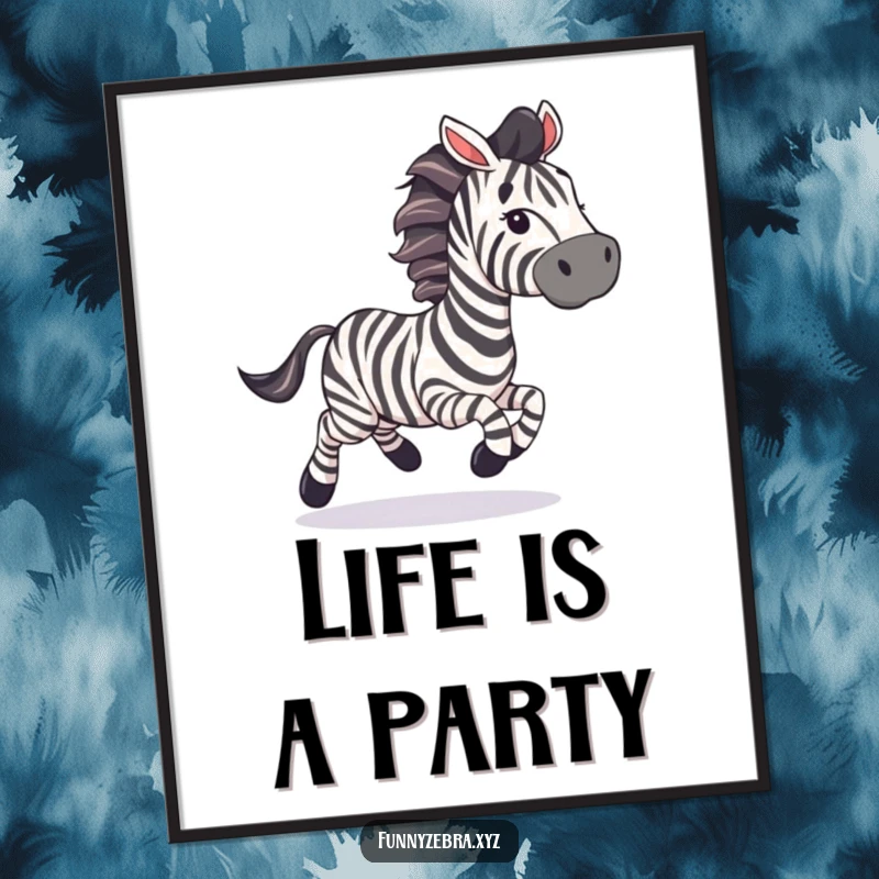 Funny Poster: A zebra gallops with trailing streamers, a humorous and vibrant depiction of pure celebration.