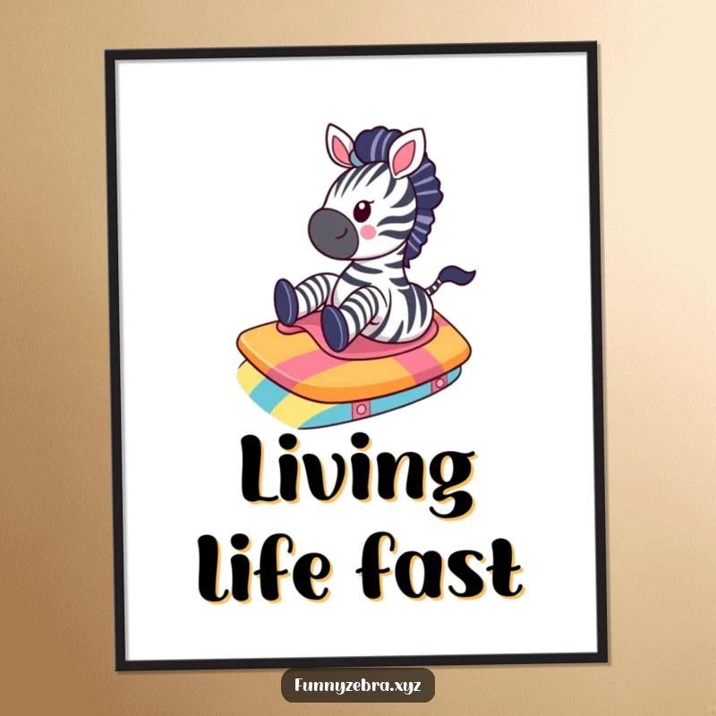Funny Kawaii Zebra Poster: A delightful zebra gleefully slides down a smooth, colorful ramp, bringing vibrant humor and joy to any space.
