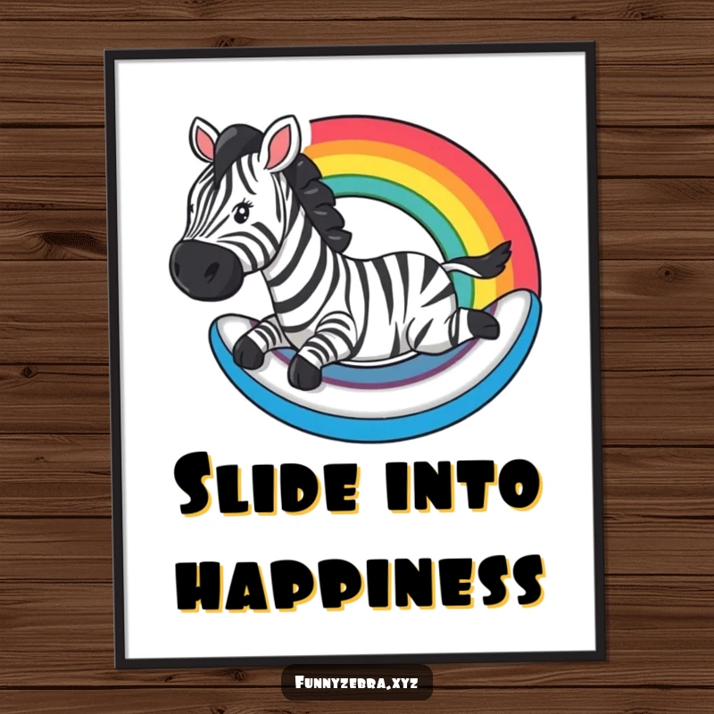 Funny Poster: A zebra slides down a stylized rainbow, a humorous and vibrant depiction of pure, colorful fun.