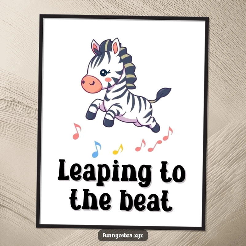 Funny Kawaii Zebra Poster: High-quality print of a playful zebra leaping over a sparkling musical note, adding funny, musical charm to any room.