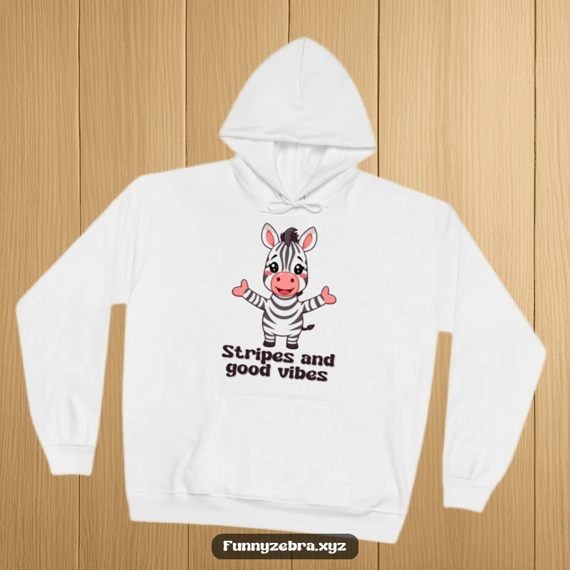 Funny hoodie showing a cheerful zebra embracing a vibrant rainbow, arms outstretched in a warm, welcoming gesture.