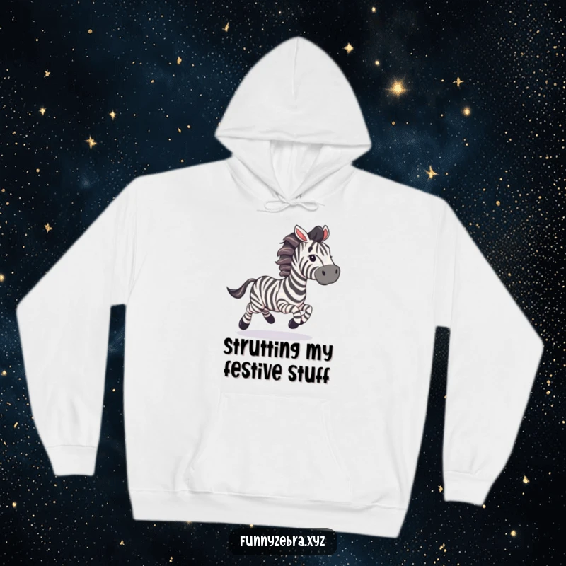 Funny Hoodie: A zebra gallops with colorful streamers, offering cozy humor and festive cheer.