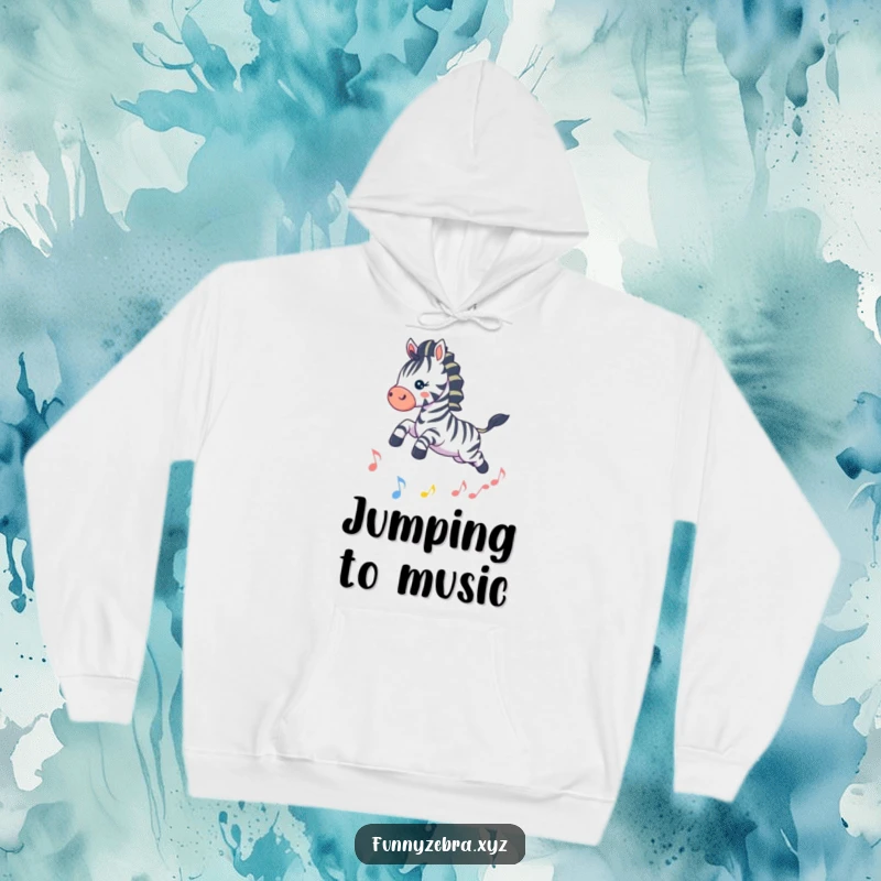Funny Kawaii Zebra Hoodie: Soft hoodie featuring a playful zebra leaping over a sparkling musical note, perfect for cozy, funny music sessions.