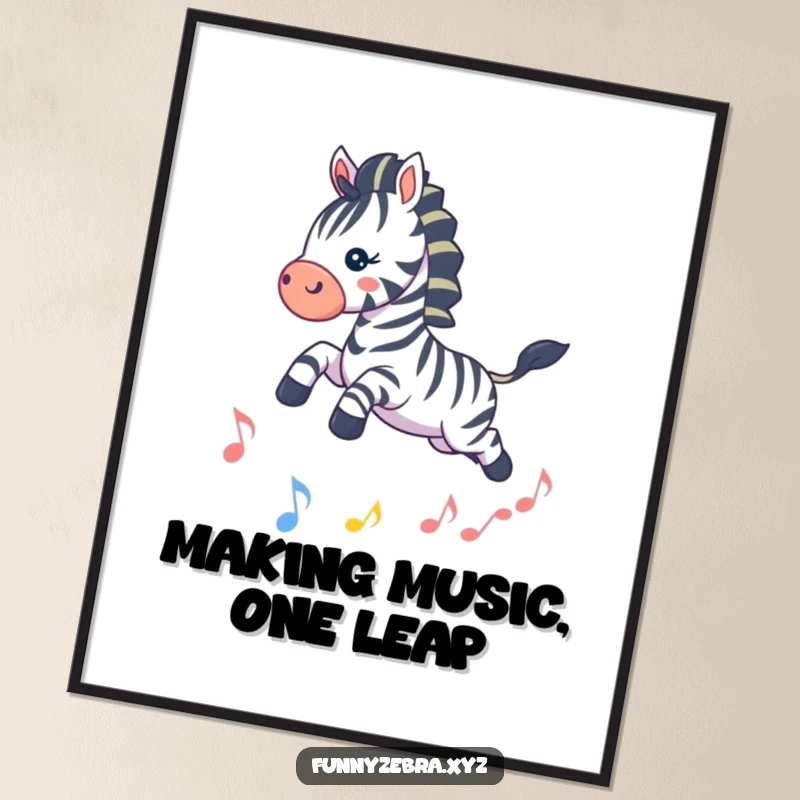 Funny Free Printable Wall Art: Playful kawaii zebra leaping high over a sparkling, radiant musical note, full of rhythm.