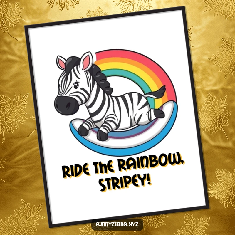 Funny Free Printable Wall Art: A zebra joyfully slides down a bright, stylized rainbow, creating a sense of magical movement.