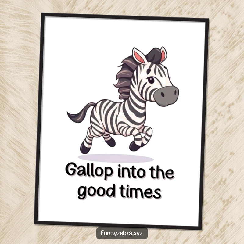 Funny Free Printable Wall Art: A zebra gallops joyfully, trailing a cascade of colorful streamers, creating a dynamic visual.