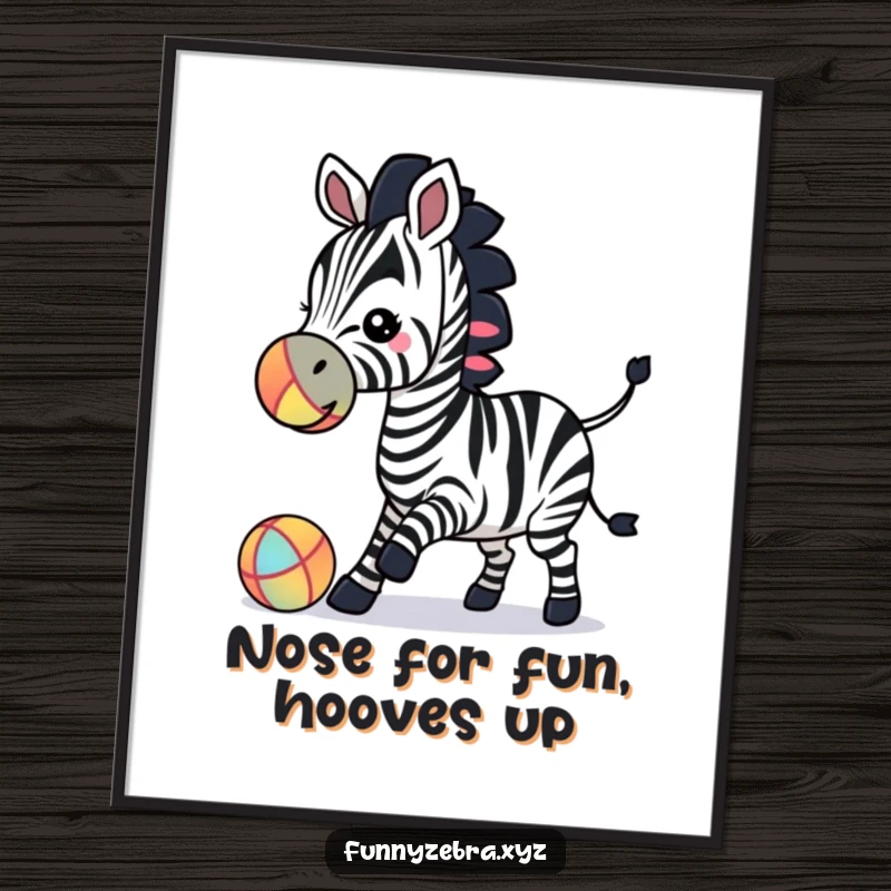 Funny Free Printable Wall Art: A zebra silhouette is captured in motion, bouncing a colorful ball with its nose.