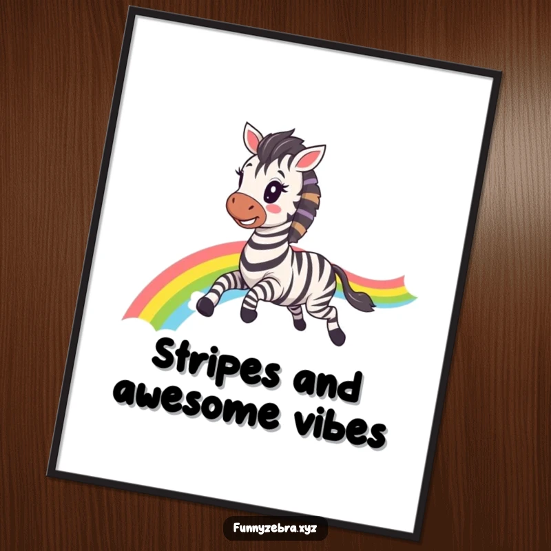 Funny Free Printable Wall Art: Whimsical kawaii zebra joyfully galloping, leaving a vibrant, magical rainbow trail.
